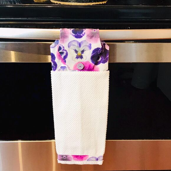 Hanging Kitchen Towel: Bright Purple Pansies Topper, Button Closure - Picture 1 of 7